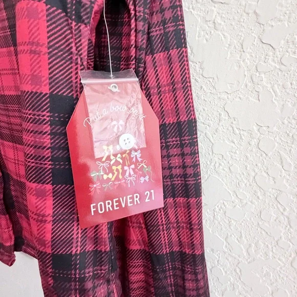 Forever 21 Womens Red Plaid Fleece Lined Button Down Long Sleeve Shirt Large NWT - Picture 5 of 15